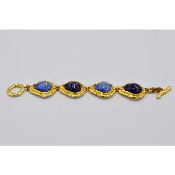 Edouard Rambaud Vintage Cabochon Bracelet Gold Blue Painted Gripoix Chunky BinY